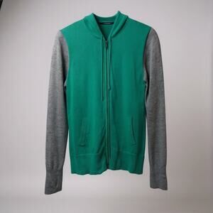 Womens Sz M JC PENNEY Cashmere Blend Color Block Full Zip Hoodie Green Blue Gray